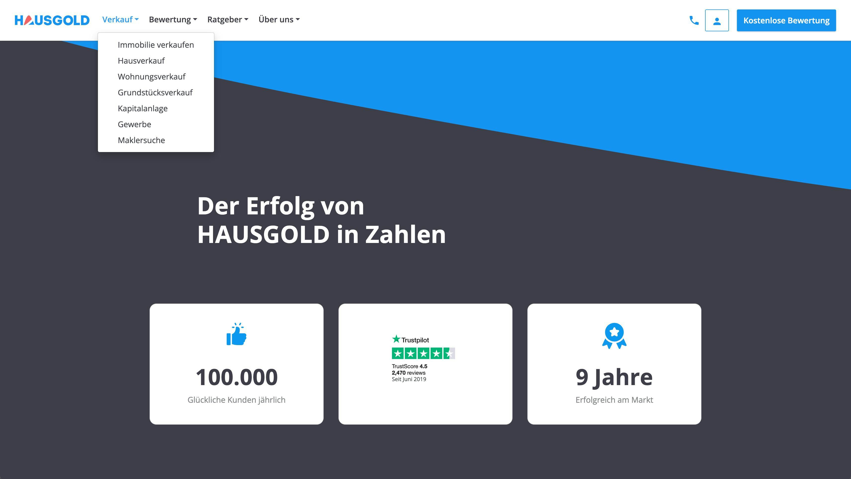 Hausgold Success page with open menu